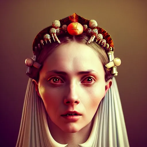 Image similar to Colour Caravaggio style Photography of Highly detailed beautiful Woman with 1000 years perfect face and wearing detailed Ukrainian folk costume designed by Taras Shevchenko also wearing highly detailed retrofuturistic sci-fi Tiara designed by Josan Gonzalez. Many details In style of Josan Gonzalez and Mike Winkelmann and andgreg rutkowski and alphonse muchaand and Caspar David Friedrich and Stephen Hickman and James Gurney and Hiromasa Ogura. Rendered in Blender and Octane Render volumetric natural light