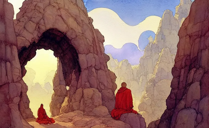 Prompt: a hyperrealist watercolour concept art of a large rock arch dimensional portal in the sky. a medieval monk in grey robes is kneeling in prayer below it on a desert road. by rebecca guay, michael kaluta, charles vess and jean moebius giraud. high detail, hq, wide shot