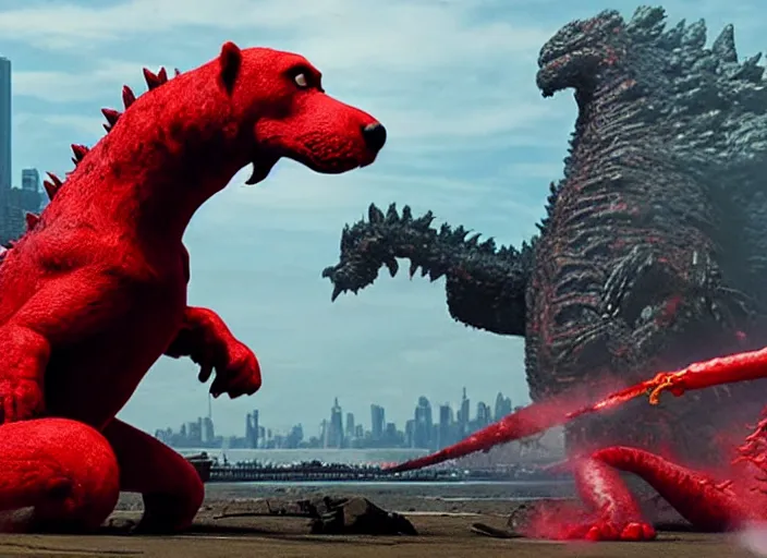 Image similar to film still of clifford the big red dog fighting in new york city in the new godzilla pacific rim crossover movie