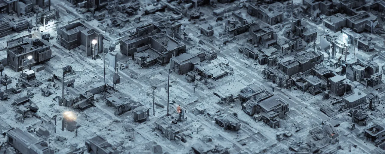 Image similar to mega detailed miniature voxel diorama abandoned nasa space base, brutalism architecture, tilt shift suburban, hard lights are on in the windows, dark night, fog, winter, blizzard, uncozy and not peaceful atmosphere, row of street lamps with cold blue light, several ruins nearby, cold war era 1 9 6 0