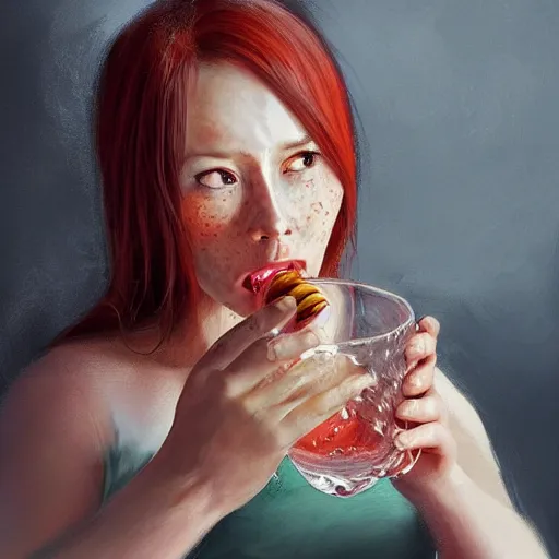 Image similar to epic portrait a drunk women drinking honey from a big wooden cup, Red nose, freckles, beauty, pretty face, glossy skin, red bang hair, white blouse with short sleeves, digital painting, artstation, concept art, soft light, hdri, smooth, sharp focus, illustration, fantasy, intricate, elegant, highly detailed, D&D, matte painting, in the style of Greg Rutkowski and Alphonse Mucha and artemisia, 8k, highly detailed, jurgens, rutkowski, bouguereau, pastoral, rustic, georgic