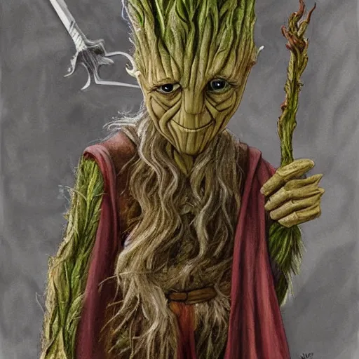 Prompt: gandalf as groot, painting