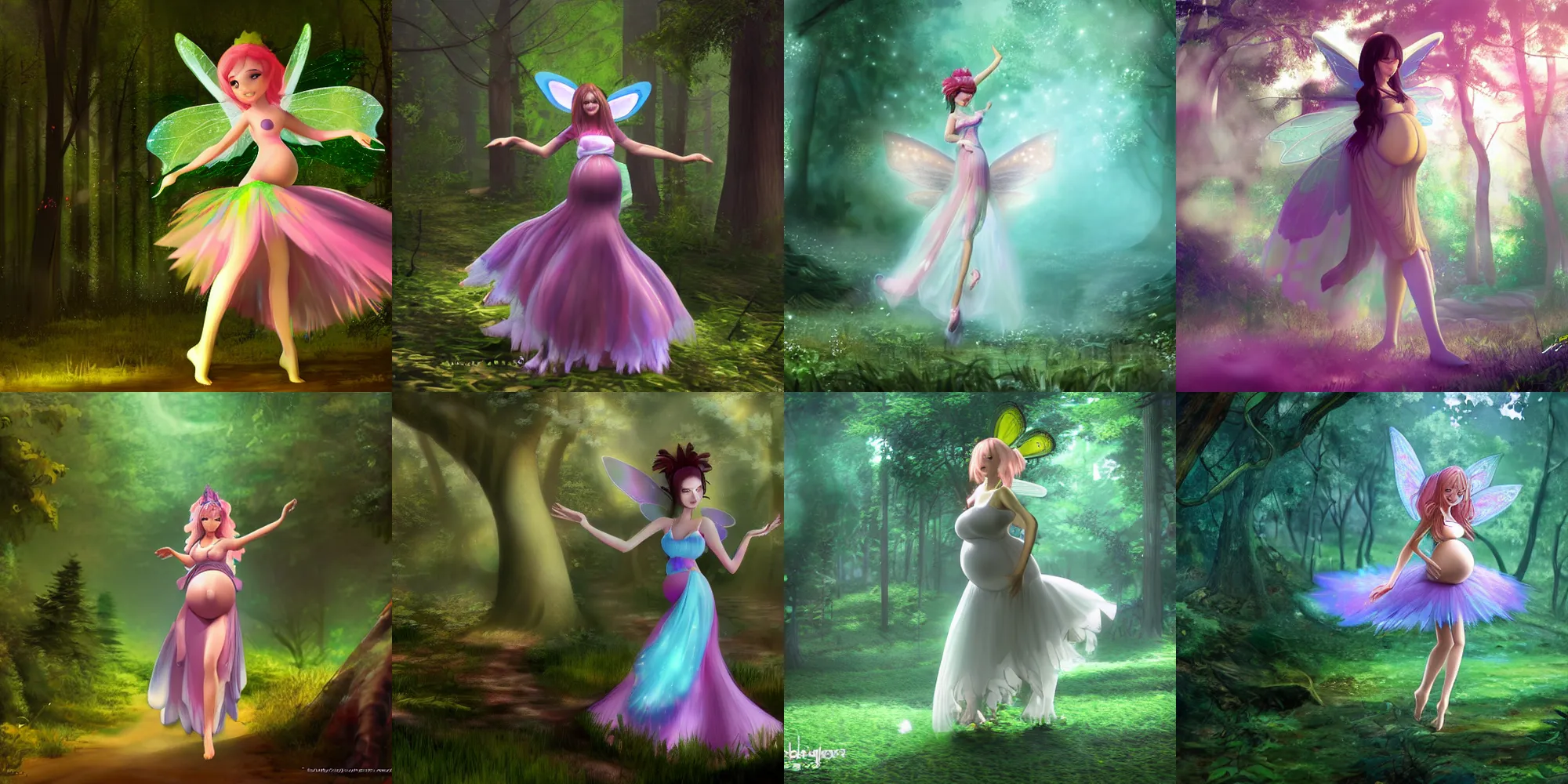 Prompt: mastasia beautiful pregnant fairy dancing in a forest, cryengine, pixiv