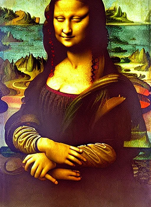 Image similar to painting on an african mermaid, art by leonardo davinci - in the style of'mona lisa'( 1 5 0 3 ), highly detailed, smooth, sharp focus, intricate, symmetry, masterpiece work of art,