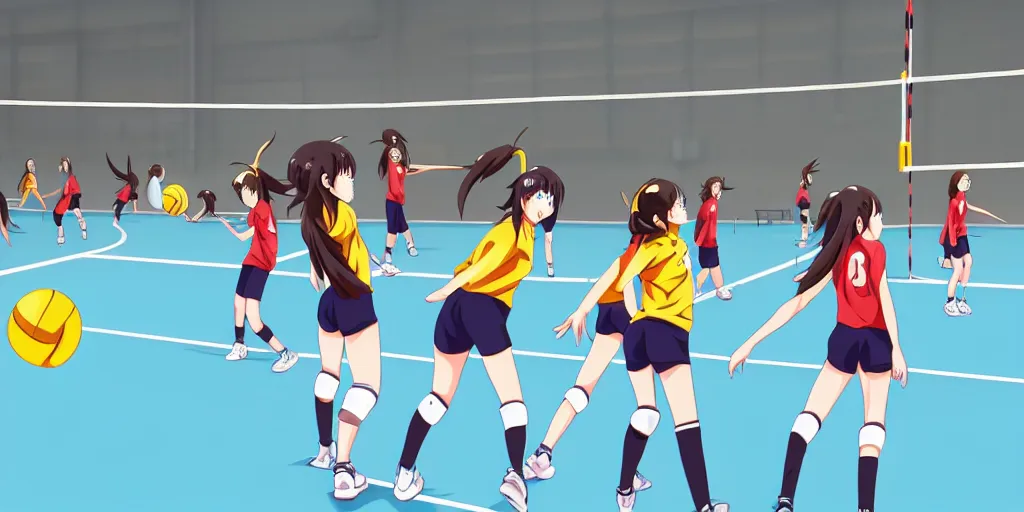 Image similar to girls chilling in school gymnasium playing volleyball, anime style, 2 d, pixel art, digital art, makoto shinkai style, colorful, highly render, octane render, hand drawing style, japanese anime style,