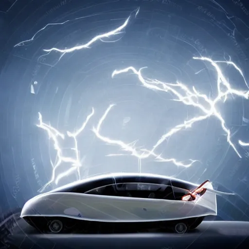 Prompt: futuristic flying car in surrounded by a circle made of lightning, in the sky, thunderstorm at night, 28mm dramatic photo