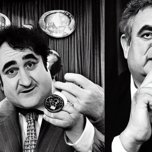 Image similar to john belushi with the face of prime minister gordon brown, wearing a tracksuit and huge gold medallions