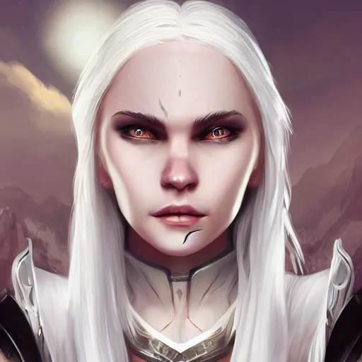 Image similar to fantasy portrait of a female human adventurer with white skin, white hair, white eyes without pupils, slightly - pointed ears, short wavy hair, eyebrow scar, trending on artstation, gentle smile, friendly, glowing, 4 5 angle, warm and welcoming