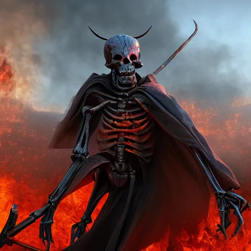 Prompt: a cloaked skeleton demon holding a spear watching a house on fire, firestorm, highly detailed digital art, cinematic, hyper realism, oil on canvas, trending on Artstation, octane render