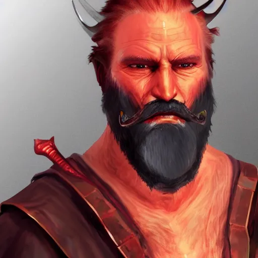 Prompt: dnd render of a man, red, a big black beard, completely golden eyes, 1 curved horn growing out of his forehead, one broken horn groing out of his forehead,