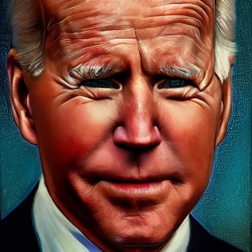 Image similar to Highly detailed close-up painting of President Joe Biden’s face, slight smirk, single tear rolling down his cheek, oil on canvas, painting by Chuck Close, based on photography by Steve McCurry, backlit