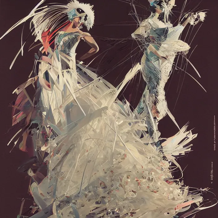 Image similar to feathered geisha, full body, high fashion, futurist, aerodynamic, fragile, intricate, slick, highly detailed, digital painting, neotenous, concept art, smooth, sharp focus, hd, art by syd mead and john berkey and annie leibovitz