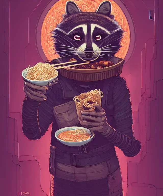 Image similar to a portrait of an anthropomorphic cyberpunk raccoon eating ramen, cyberpunk!, fantasy, elegant, digital painting, artstation, concept art, matte, sharp focus, illustration, art by josan gonzalez