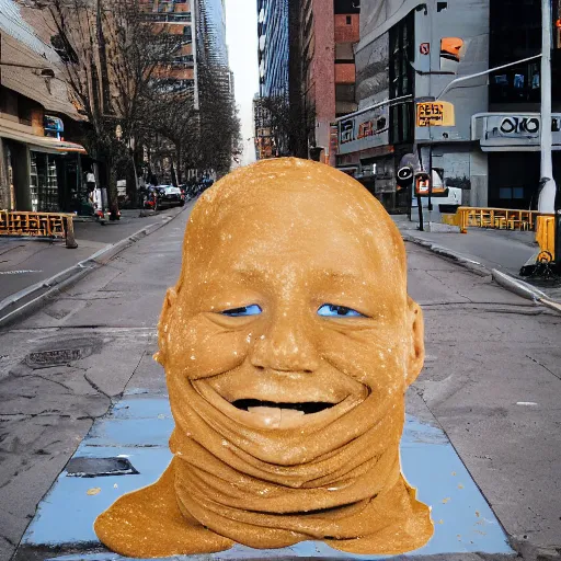 Prompt: photo of a smiling human face coming out of a pile of beige goo in the middle of a city street