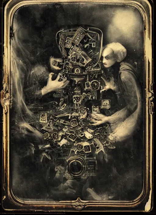 Prompt: old wetplate daguerreotype portrait of demons, explosion of data fragments, fractal, intricate, elegant, highly detailed, parallax, leica, medium format, subsurface scattering, by jheronimus bosch and greg rutkowski and louis jacques mande daguerre
