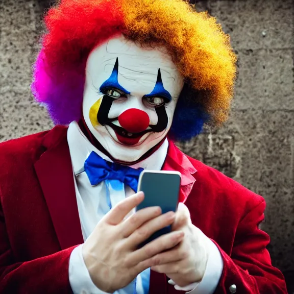 Prompt: clown crying while browsing twitter on his phone, photo taken from behind the clown