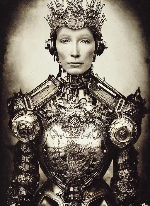 Image similar to old wetplate daguerreotype frame portrait of a futuristic silver armored pretty queen elisabeth emperor district 9 cyborg, fractal, intricate, elegant, highly detailed, subsurface scattering, by jheronimus bosch and greg rutkowski and louis jacques mande daguerre