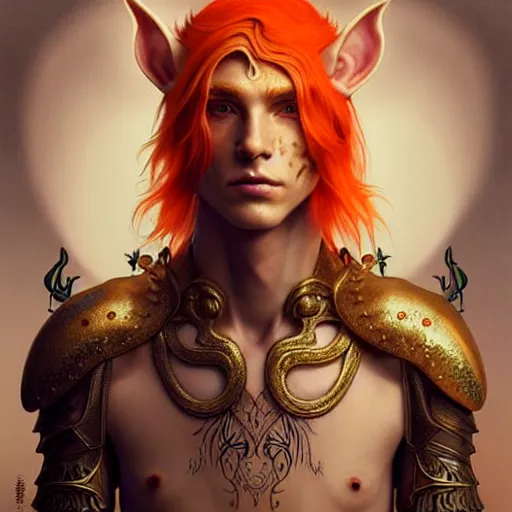 Image similar to portrait painting of an elven male teen with short light orange hair and tribal tattoos on his face wearing fur armor, ultra realistic, concept art, intricate details, eerie, highly detailed, photorealistic, octane render, 8 k, unreal engine. art by artgerm and charlie bowater and magali villeneuve and alphonse mucha