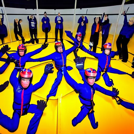 Prompt: photorealistic crowds of happy customers applauding to indoor skydiving instructor demo show in vertical wind tunnel facility tunneltech