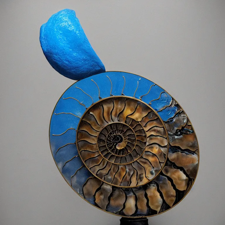 Image similar to hyperrealistic sculpture of a bronze fossilized nautilus ammonite dusted with blue spraypaint in a grid cage on a pedestal by ron mueck and duane hanson and lee bontecou, hyperrealistic dramatic colored lighting trending on artstation 8 k