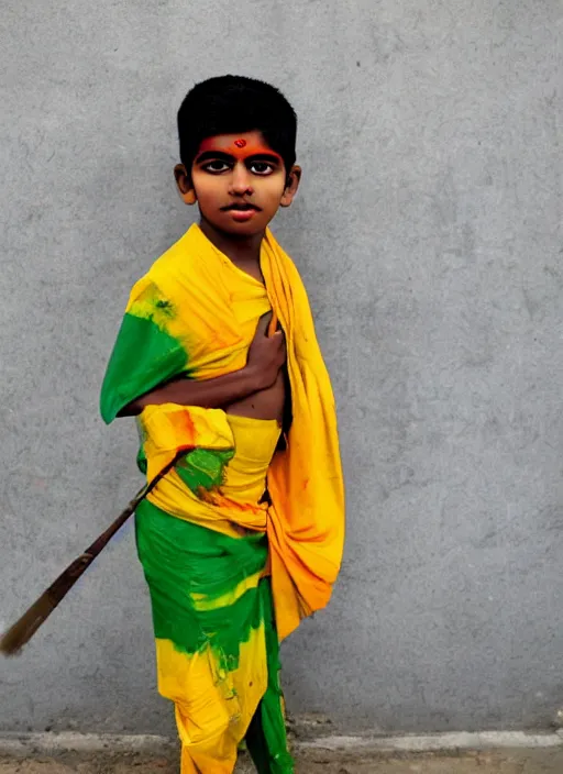 Image similar to a young indian boy with saffron white and green stripes painted on his face, indian flag, chakra in the center