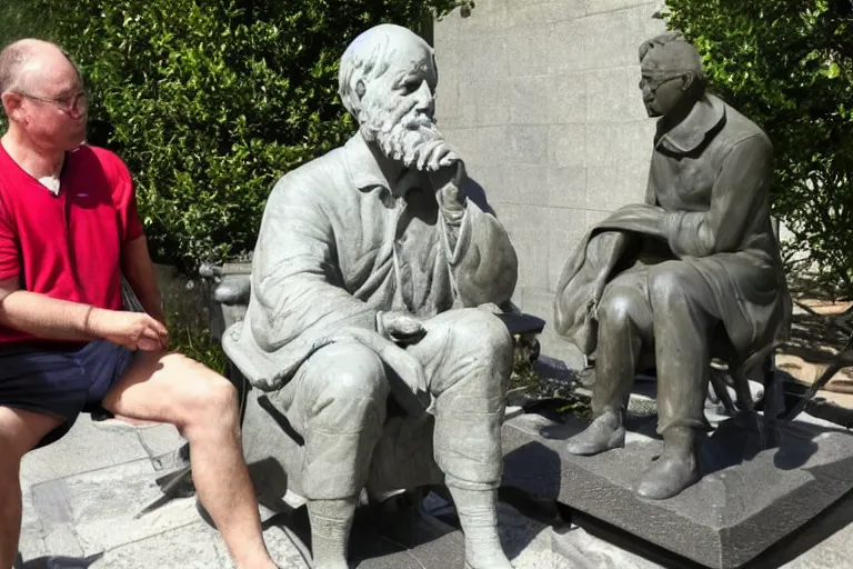 Image similar to a man who is sitting upright in a chair is touching a completed statue