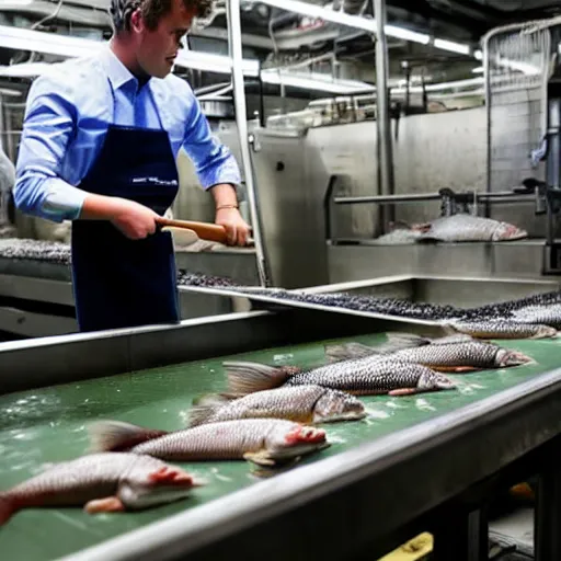 Prompt: Magnus Carlsen gutting fish at a fish factory floor, conveyor belt