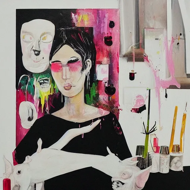 Image similar to “ a portrait in a female art student ’ s apartment, sensual, a pig theme, art supplies, paint tubes, ikebana, herbs, a candle dripping white wax, black walls, squashed berries, berry juice drips, acrylic and spray paint and oilstick on canvas, surrealism, neoexpressionism ”