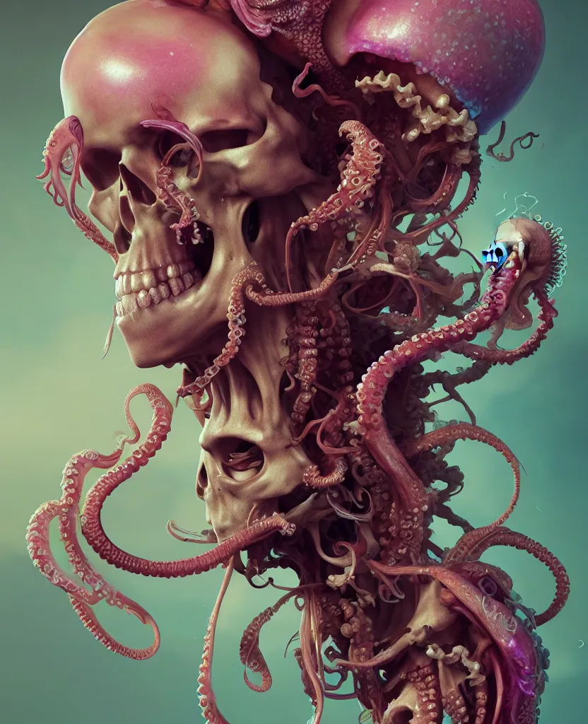 Image similar to goddess close - up portrait human skeleton, ram skull, squid phoenix jellyfish, orchid, betta fish, bioluminiscent, intricate artwork by tooth wu and wlop and beeple. octane render, trending on artstation, greg rutkowski very coherent symmetrical artwork. cinematic, hyper realism, high detail, octane render, 8 k