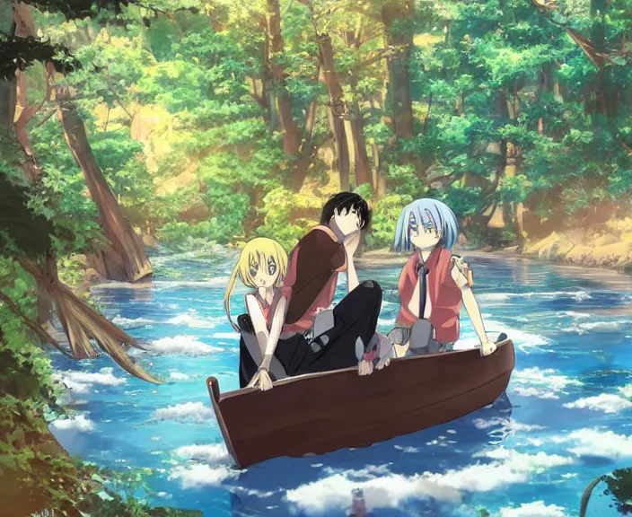 Prompt: anime key visual of a boy with black hair anime and girl, with long auburn hair, anime sitting together on one single long wooden rowboat. Romantic. Girl has auburn hair. Boy has short black hair. Boy and girl. Boy and girl. Narrow river in a forest, rocky shore, trees, shady, blue waters, ripples, waves, reflections, details, sharp focus, illustration, by Jordan Grimmer and greg rutkowski, Trending artstation, pixiv, digital art