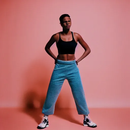 Image similar to realistic! photoshoot for a new nike lookbook, color film photography, portrait of a beautiful woman, red frontal light, in style of tyler mitchell, 35mm