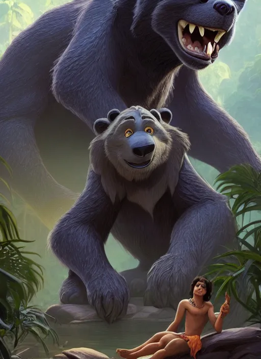 Prompt: baloo from the jungle book ( 1 9 6 7 ), d & d, fantasy, intricate, elegant, highly detailed, digital painting, artstation, concept art, matte, sharp focus, illustration, hearthstone, art by artgerm and greg rutkowski and alphonse mucha