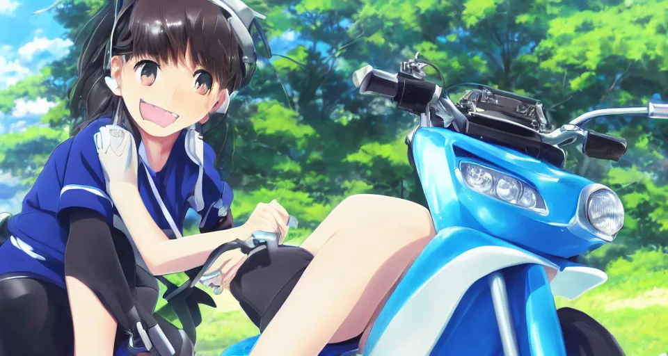 Image similar to close up of a high definition anime girl in a blue honda c90 with armenia quindio in the background , Artwork by Makoto Shinkai, pixiv, 8k, official media, wallpaper, hd