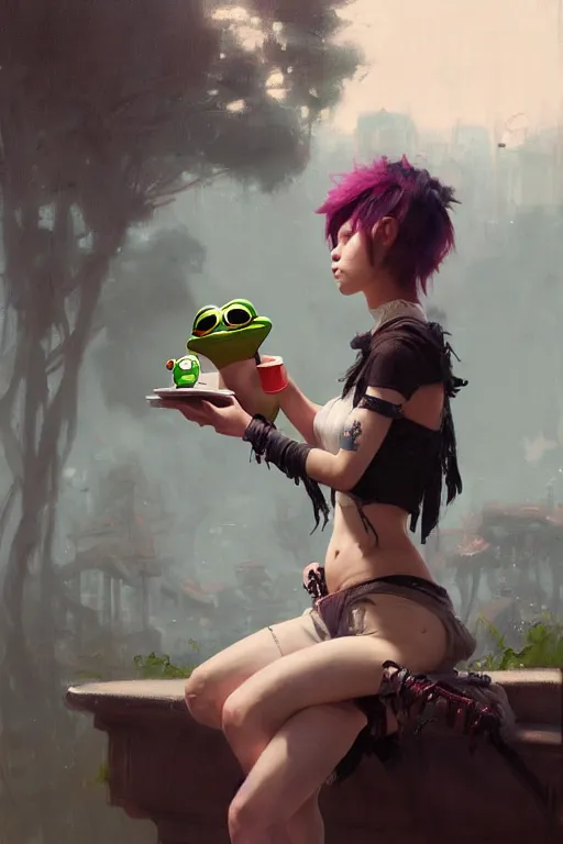 Image similar to portrait of a punk girl on a date with pepe! the frog! drinking coffee in the style of fenghua zhong and ruan jia and jeremy lipking and peter mohrbacher, extremely detailed digital painting, 8 k