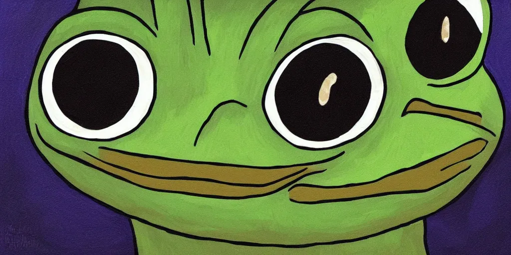 Image similar to sad pepe, big eyes, dark background, crying, emotional painting, high quality, detailed