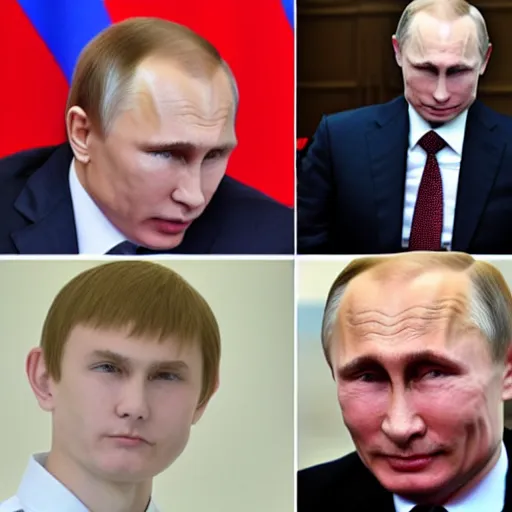 Image similar to putin teams up with a teenage putin, perfect faces