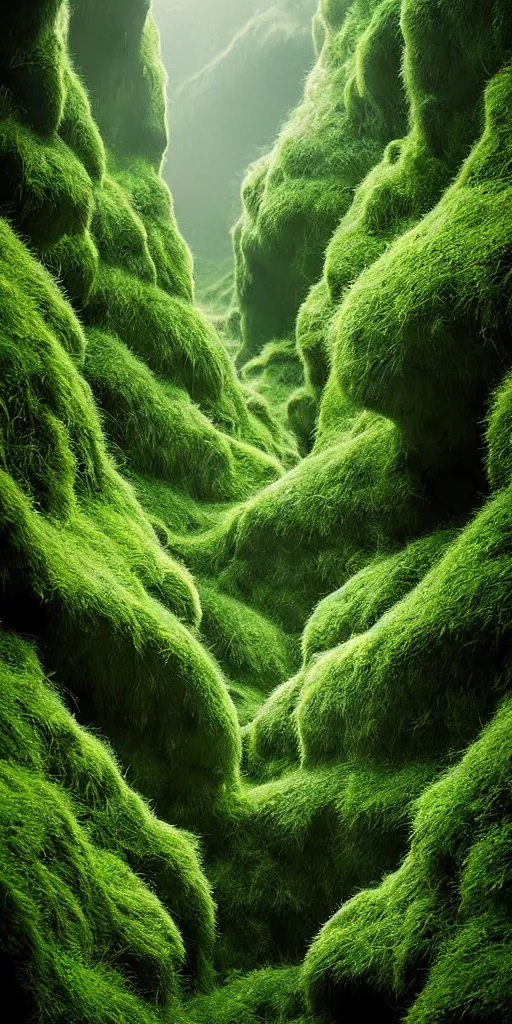 Image similar to dream looking through, a hyper realistic photograph fertile, lush mossy ferns canyon, ferns, minimalist structure, misty, raining, icelandic valley, in the style of reuben wu, roger deakins