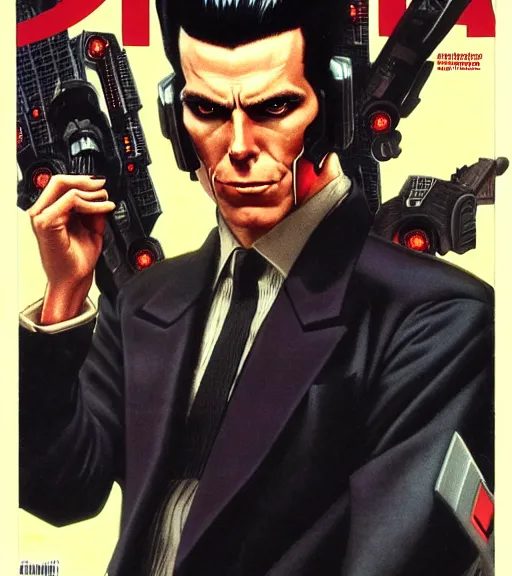 Image similar to a cyberpunk very ugly mafia boss in a suit with slicked back black hair played by christen bale staring at the camera, 1 9 7 9 omni magazine cover, style by vincent di fate, artgerm, very coherent, detailed, 4 k resolution, dark, unreal engine, daz