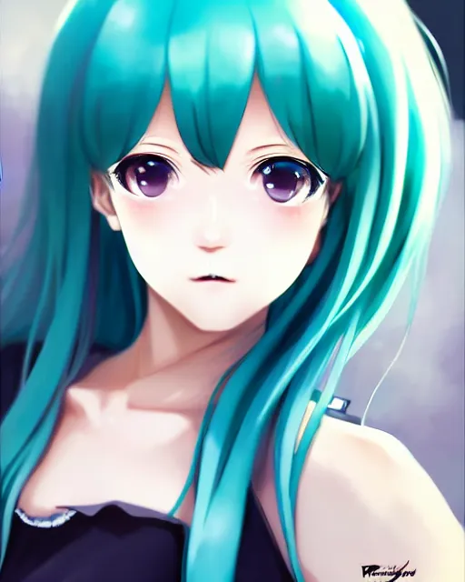 Image similar to portrait anime hatsune miku, cute - fine - face, pretty face, realistic shaded perfect face, fine details. anime. realistic shaded lighting by ilya kuvshinov giuseppe dangelico pino and michael garmash and rob rey, iamag premiere, aaaa achievement collection, elegant freckles, fabulous, eyes open in wonder