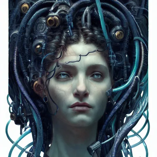 Image similar to portrait of Medusa with vr headset, cyberpunk, thick cables on the head, futuristic hi-tech details, ominous, intricate, art by anthony macbain + greg rutkowski + alphonse mucha, concept art, 4k, sharp focus, cinematic unreal engine