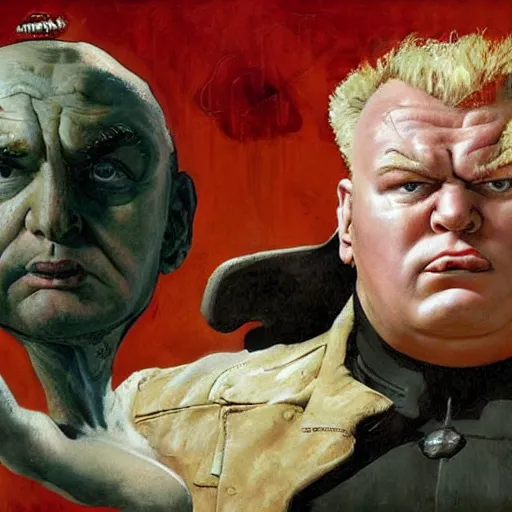 Prompt: brock lesnar as baron harkonnen is dismayed to find no option for oil on the menu, painted by norman rockwell and tom lovell and frank schoonover