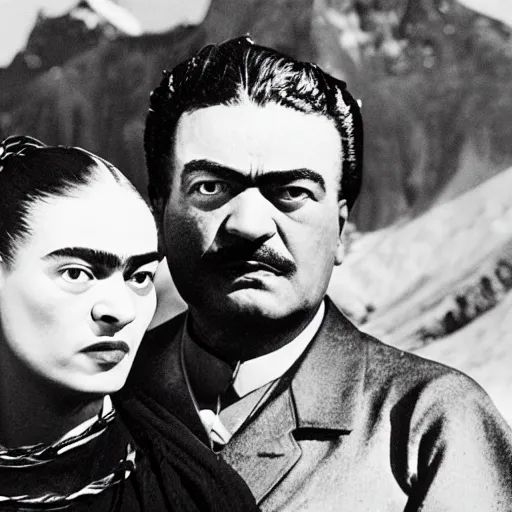 Image similar to b&w photo of Frida kahlo and Salvador Dali skiing down mount Everest