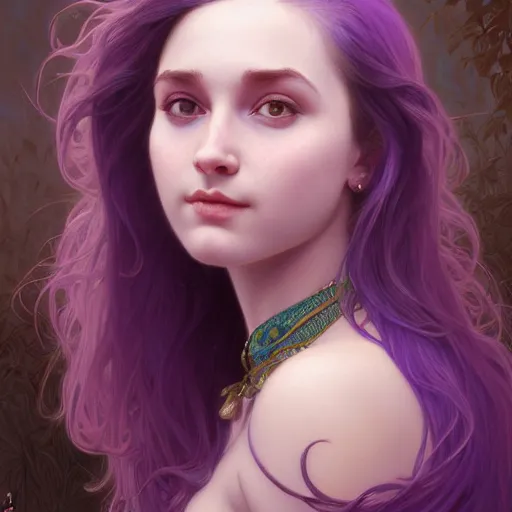 Image similar to portrait of a young girl, nose ring, upper body, purple hair, long hair, joyful smirk, intricate, elegant, highly detailed, digital painting, artstation, concept art, matte, sharp focus, illustration, art by artgerm and greg rutkowski and alphonse mucha