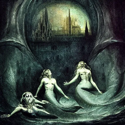 Prompt: mermaids swimming in an underwater gothic cathedral at the bottom of the ocean, in the style of arnold bocklin francisco goya william blake and kentaro miura, dark and scary abyssal ambient, utradetailed, matte painting, smooth zenithal lighting, epic masterpiece,