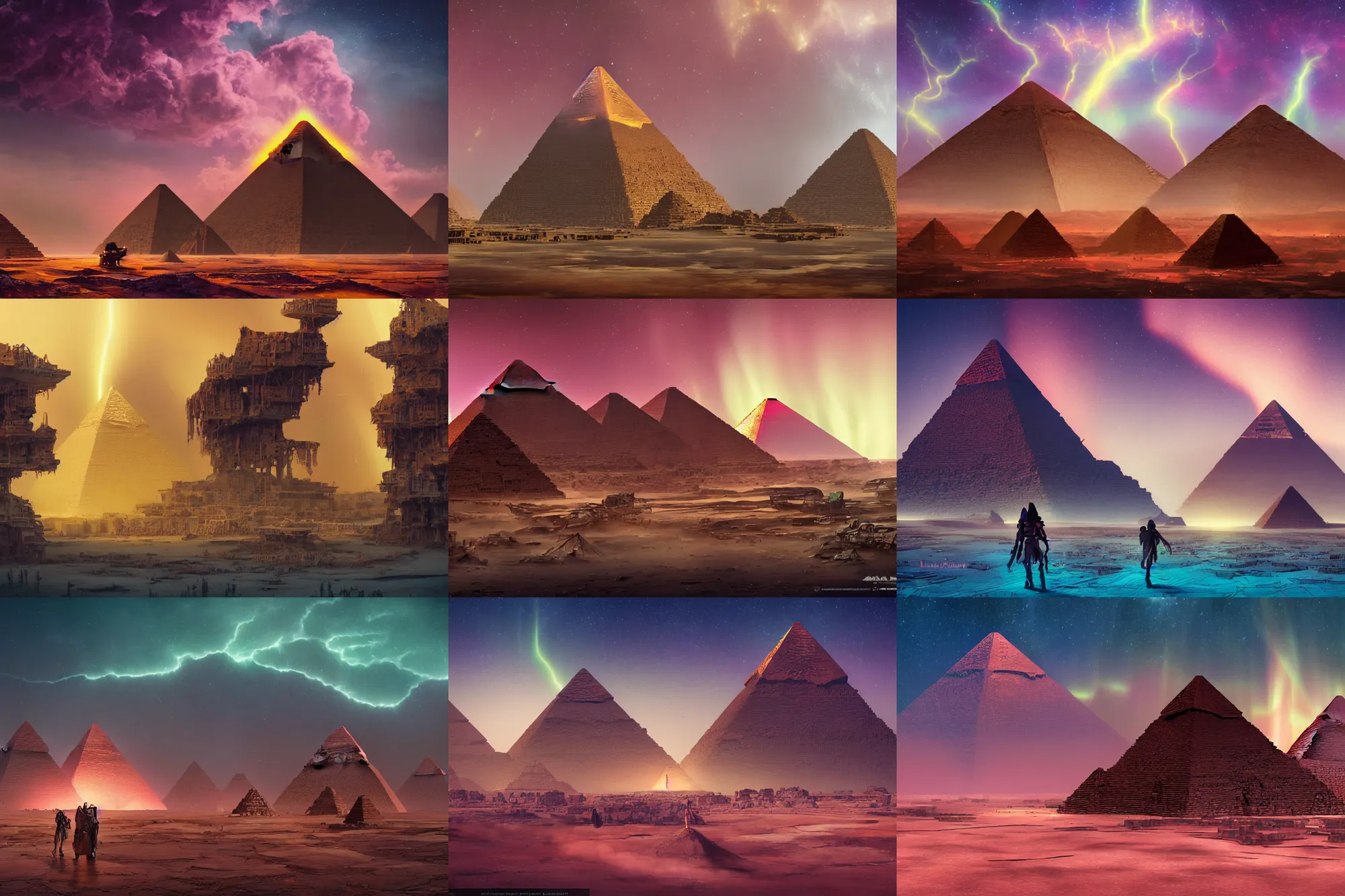 Prompt: cyberpunk egyptian pyramids on danakil depression of the place with acid pools in mount roraima during autumn season on an interstellar aurora borealis with heavy thunder and lightning, pink waterfalls, by peter mohrbacher, james jean, james gilleard, greg rutkowski, vincent di fate, rule of thirds, octane render, beautiful landscape