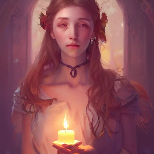 Image similar to girl in love, candle light, highly detailed, digital painting, cgsociety , concept art, sharp focus, illustration, art by artgerm and greg rutkowski and alphonse mucha