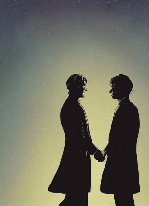 Prompt: Mads Mikkelsen and Hugh Dancy holding hands romantically as they chaperone school dance by Michael Whelan, Bob Larkin and Tomer Hanuka, simple illustration, domestic, nostalgic, clean, full of details, by Makoto Shinkai and thomas kinkade, Matte painting, trending on artstation and unreal engine, New Yorker magazine cover