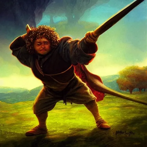 Image similar to A warrior hobbit swings a club at the head of a goblin. The rolling hills of the shire are in the background. Digital fantasy art by Anato Finnstark and Alan Lee.