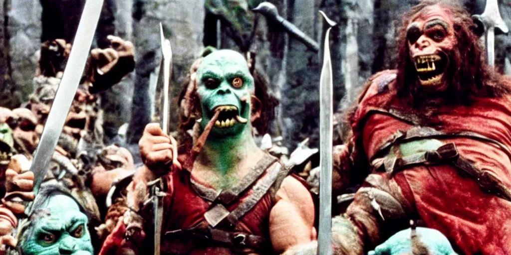 Image similar to A full color still from a Stanley Kubrick film featuring an actor dressed as angry Orcs, waving swords, closeup, 35mm, 1970