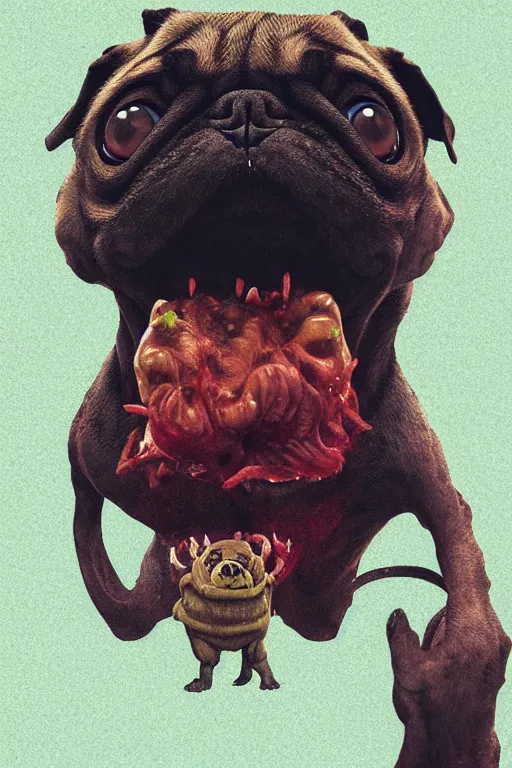 Image similar to demon pug eating flesh. art by mike winkelmann, sticker, illustration, highly detailed, artstation